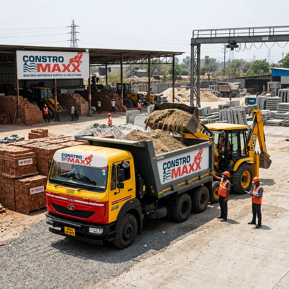 Truck loading materials at ConstroMaxx dispatch yard