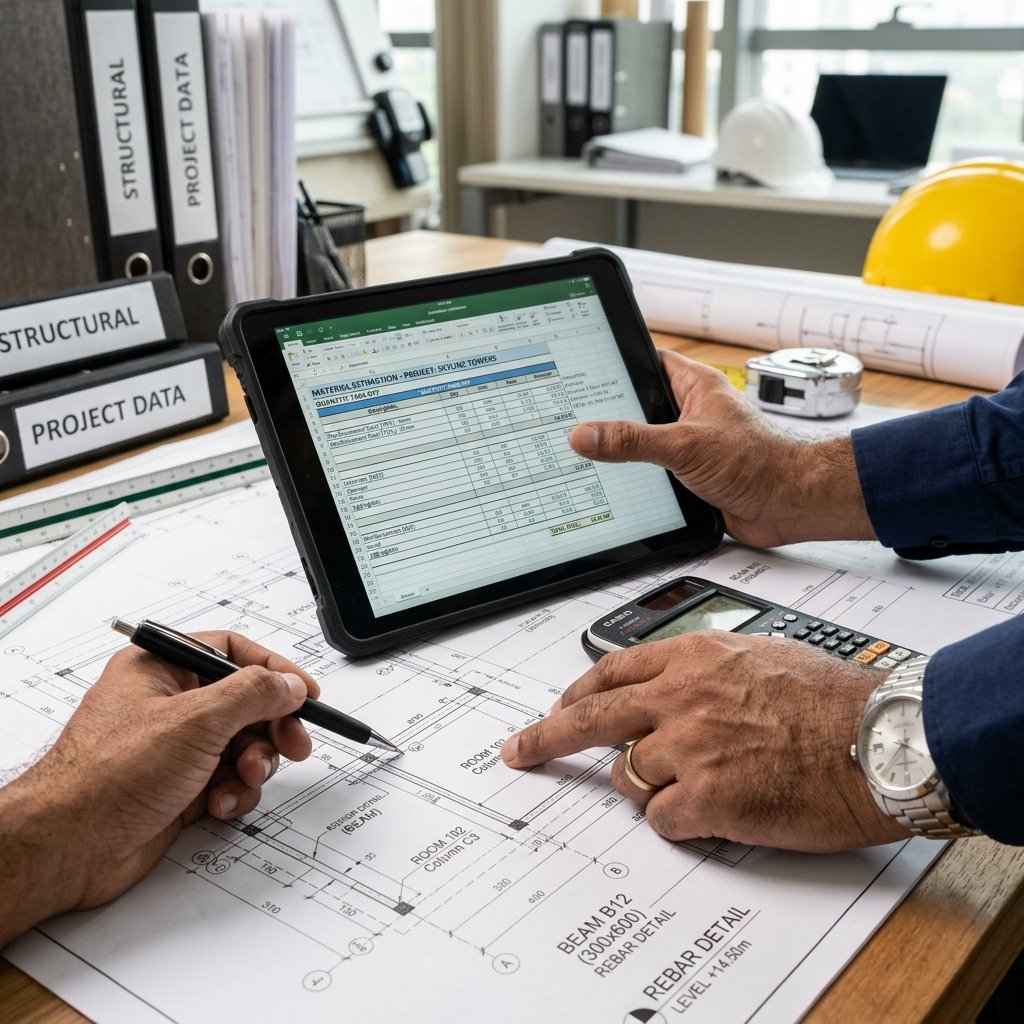 Engineer calculating material quantity on site plan